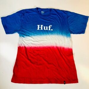 Huf Mens Graphic T-Shirt Red White Blue Tie Dye Crew Neck 100% Cotton M